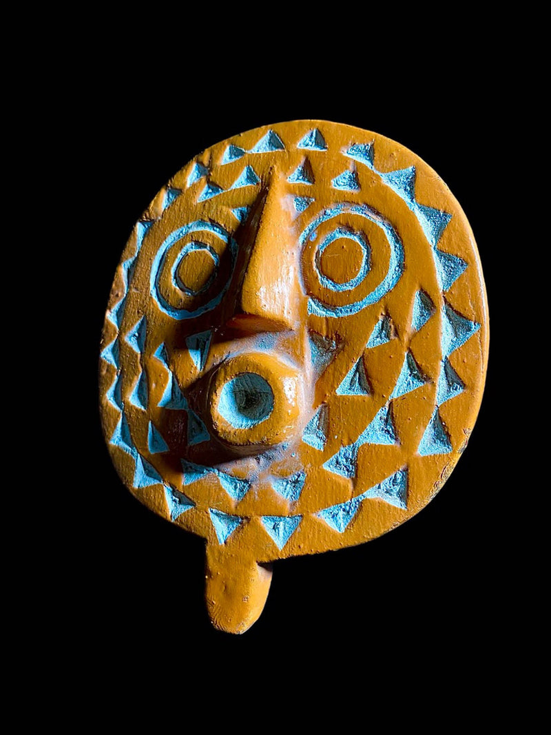 Hand Carved African Bwa Bobo Sun Mask Wall Art | Vintage Tribal Home Décor - Polychrome Burgundy Dark Brown Kaolin Mask-6998