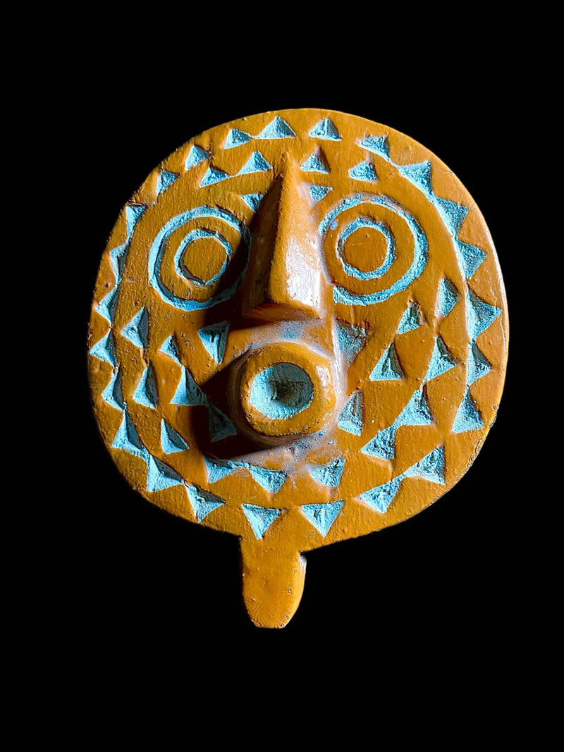 Hand Carved African Bwa Bobo Sun Mask Wall Art | Vintage Tribal Home Décor - Polychrome Burgundy Dark Brown Kaolin Mask-6998