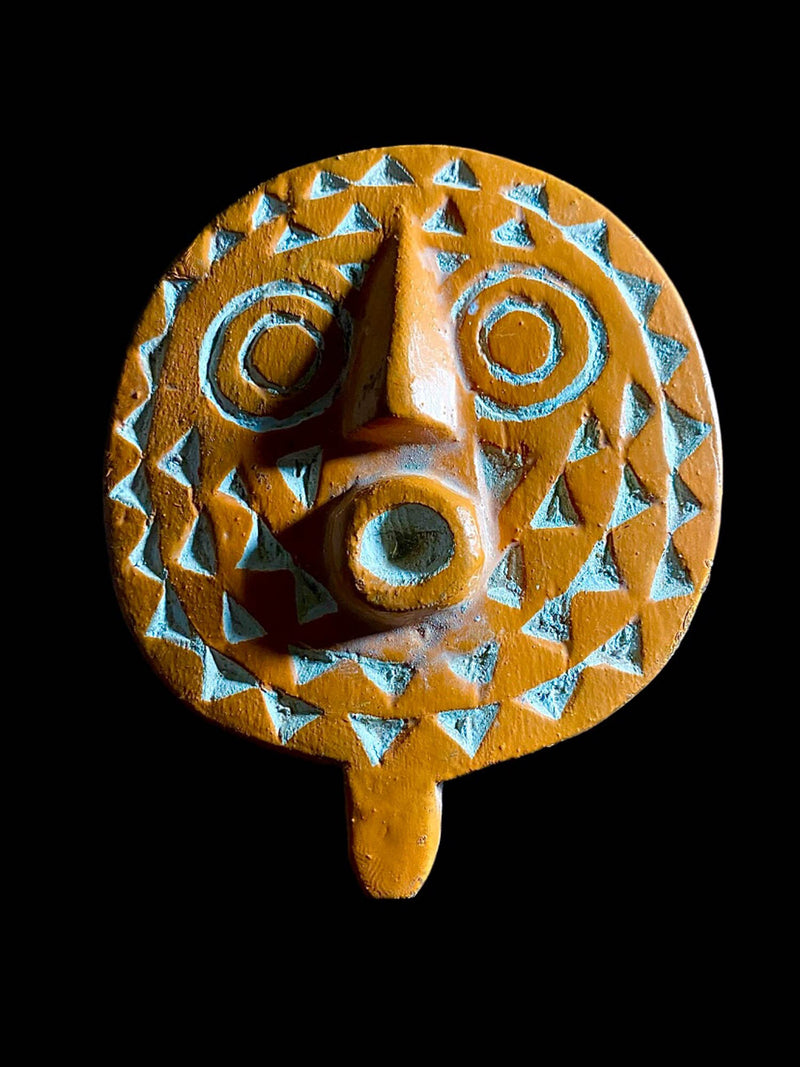 Hand Carved African Bwa Bobo Sun Mask Wall Art | Vintage Tribal Home Décor - Polychrome Burgundy Dark Brown Kaolin Mask-6998