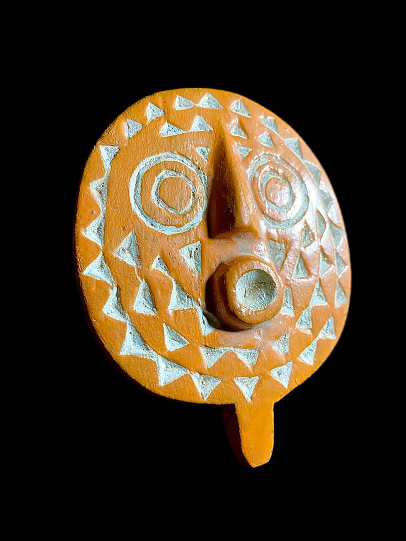 Hand Carved African Bwa Bobo Sun Mask Wall Art | Vintage Tribal Home Décor - Polychrome Burgundy Dark Brown Kaolin Mask-6998