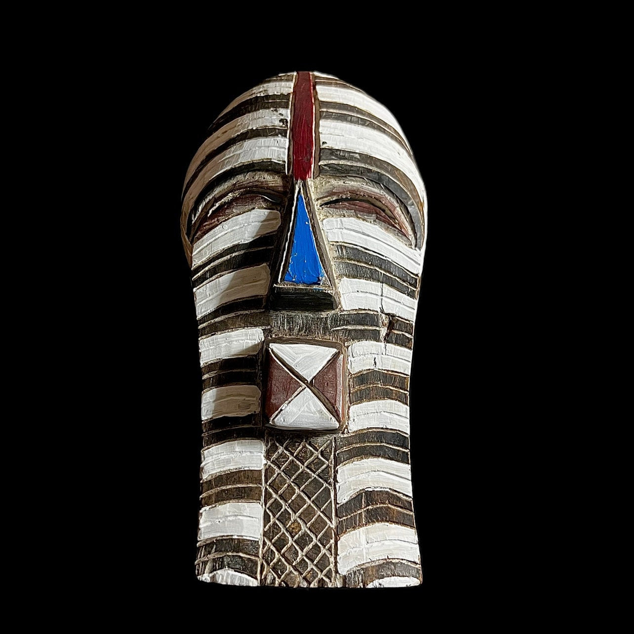 African wall mask, Songye Kifwebe mask from Congo, tribal wood mask with geometric lines, carved African face art for wall decor-G1242