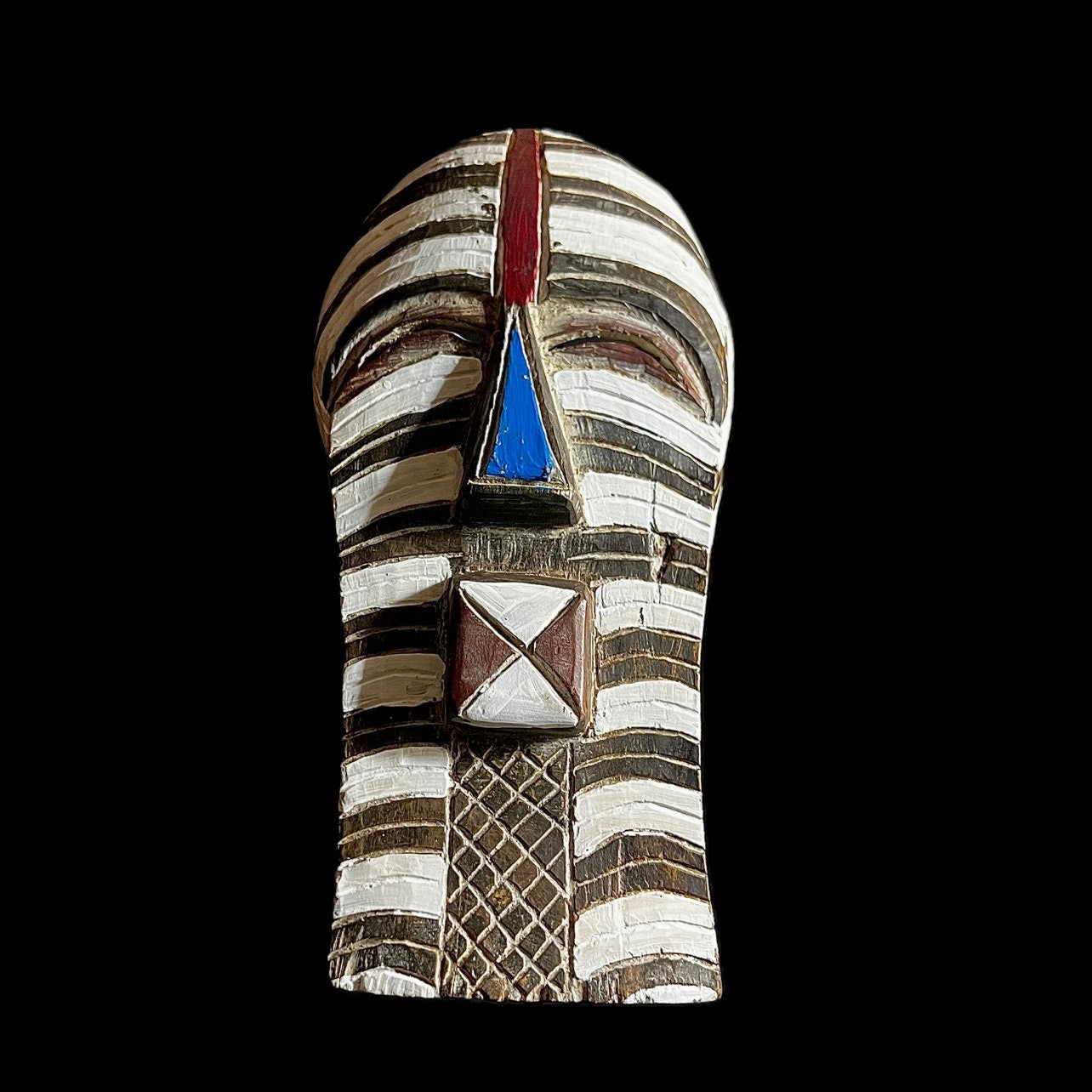 African wall mask, Songye Kifwebe mask from Congo, tribal wood mask with geometric lines, carved African face art for wall decor-G1242