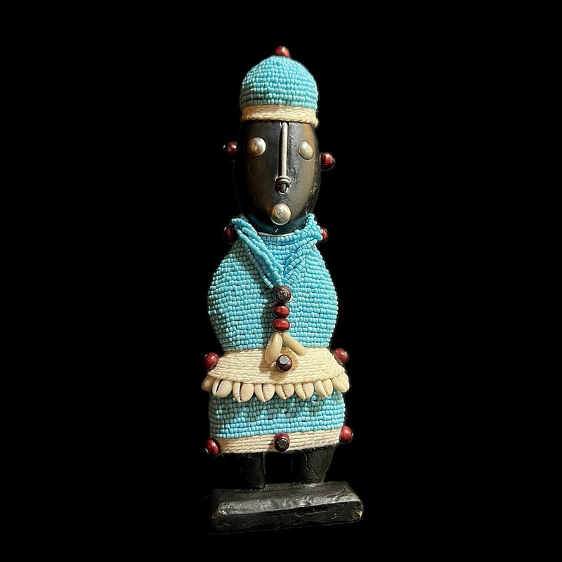 African sky blue Beaded Namji Doll wooden vintage Home Décor statue-G1074