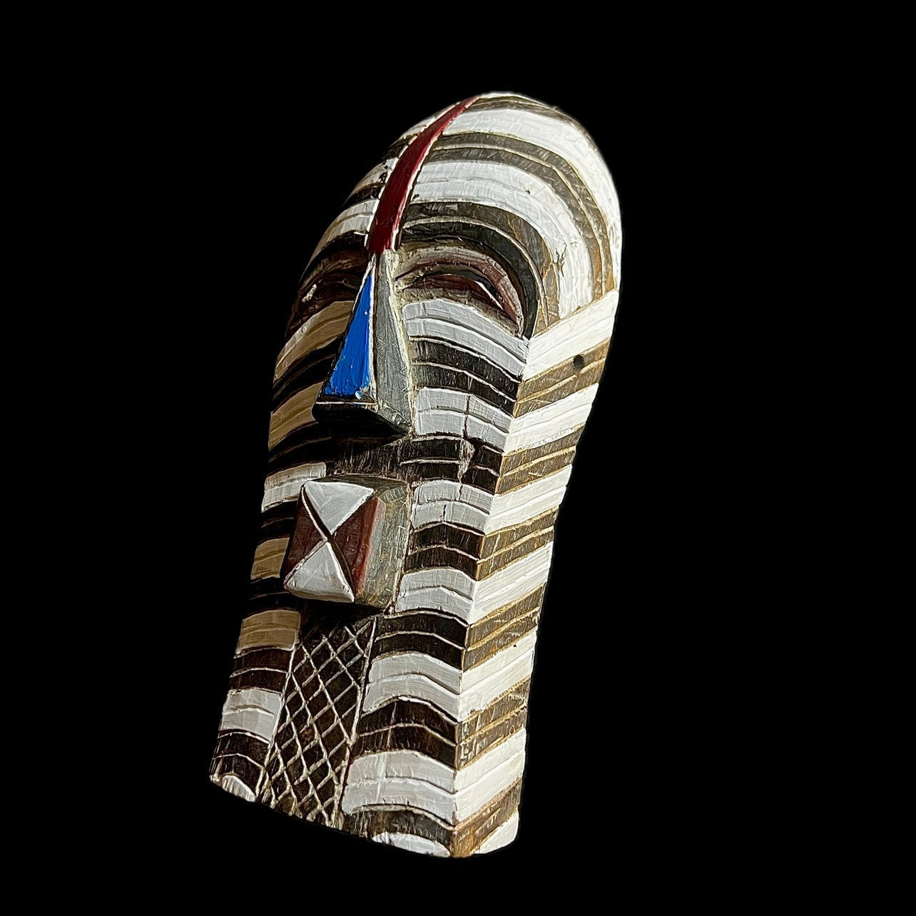 African wall mask, Songye Kifwebe mask from Congo, tribal wood mask with geometric lines, carved African face art for wall decor-G1242