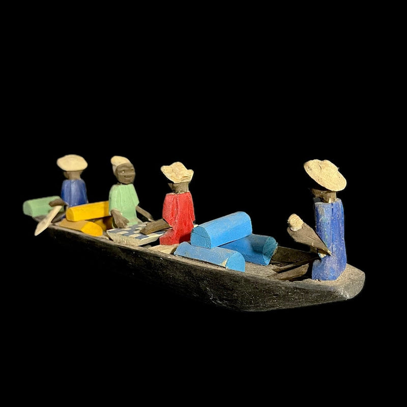 African Wooden Sculpture 4 Figures Handcrafted Boat Statue Water Boat -G1724