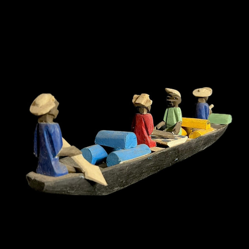 African Wooden Sculpture 4 Figures Handcrafted Boat Statue Water Boat -G1724