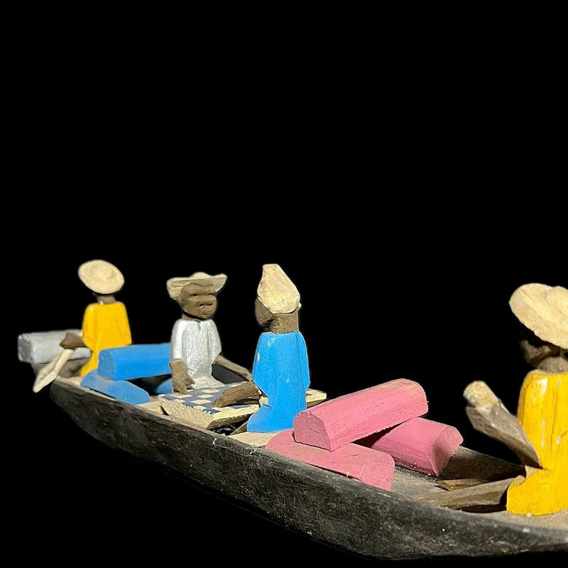 African Wooden Sculpture 4 Figures Handcrafted Boat Statue Water Boat -G1734