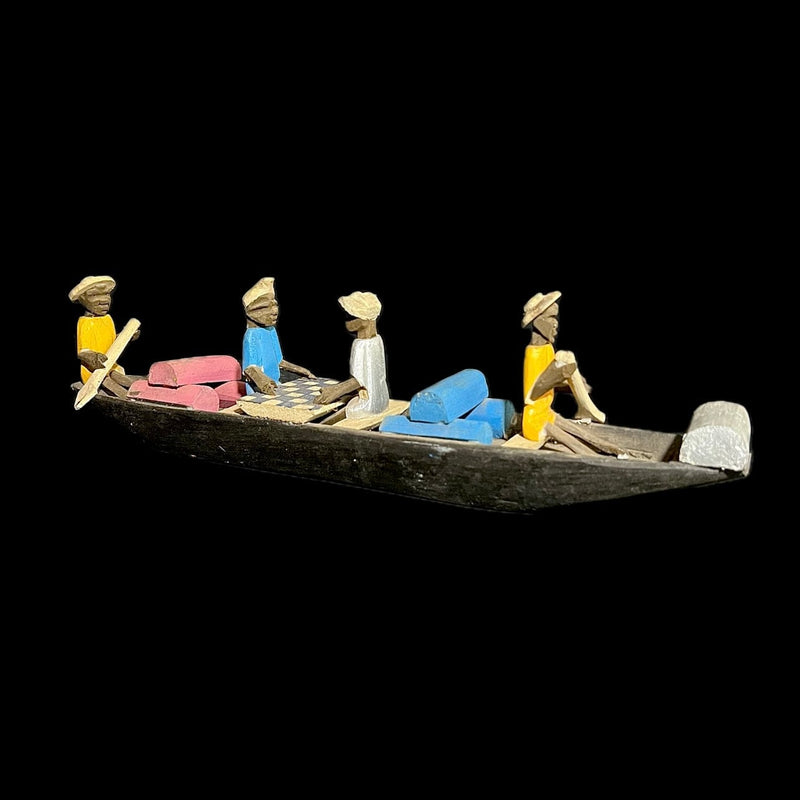 African Wooden Sculpture 4 Figures Handcrafted Boat Statue Water Boat -G1734