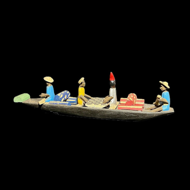 African Wooden Sculpture 4 Figures Handcrafted Boat Statue Water Boat -G1754