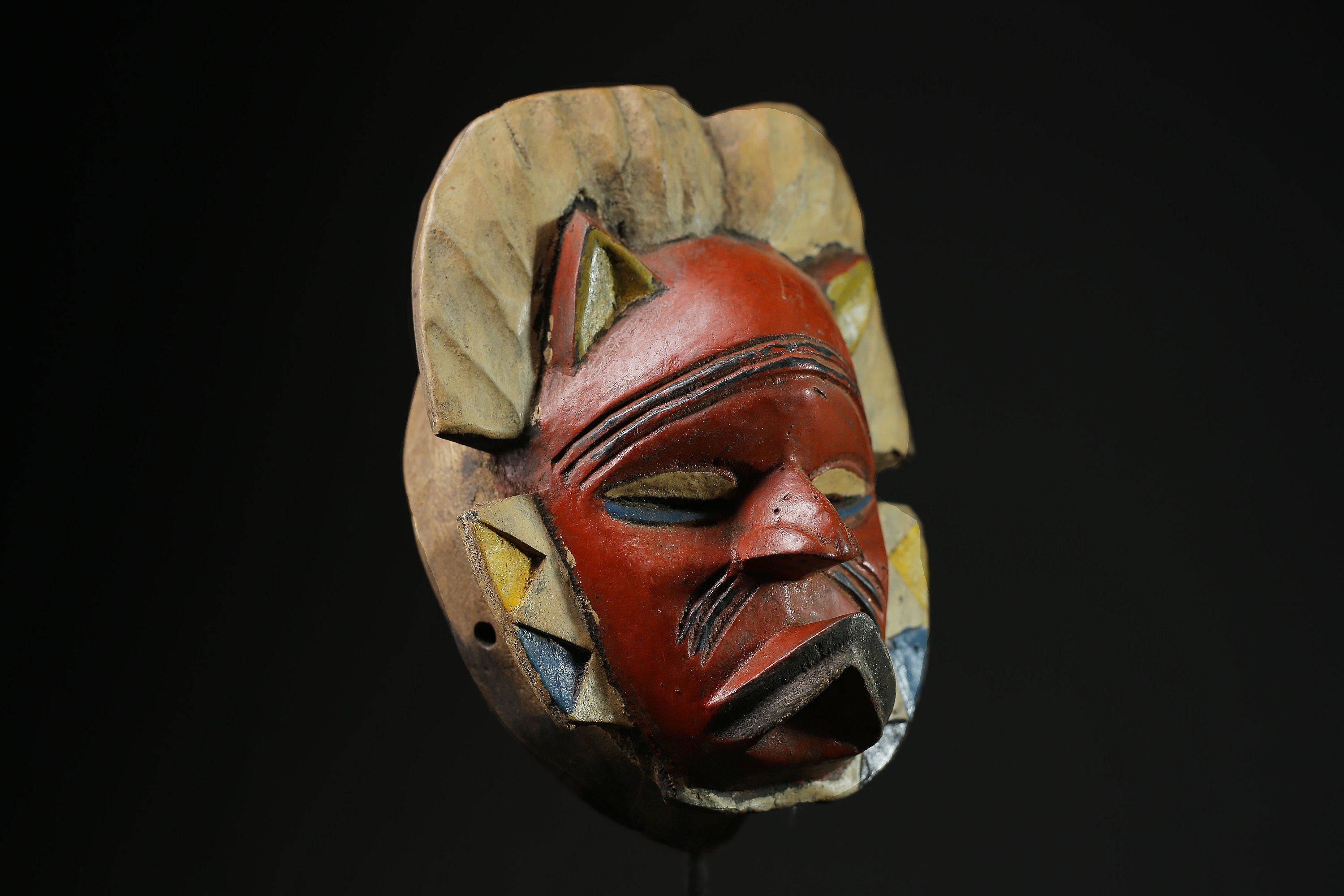 African Mask Ngbaka Vintage - Tribal Face Wood Carved Antique Sculpture, Unique Home Decor, Cultural Collectible Wall Art Piece -5346