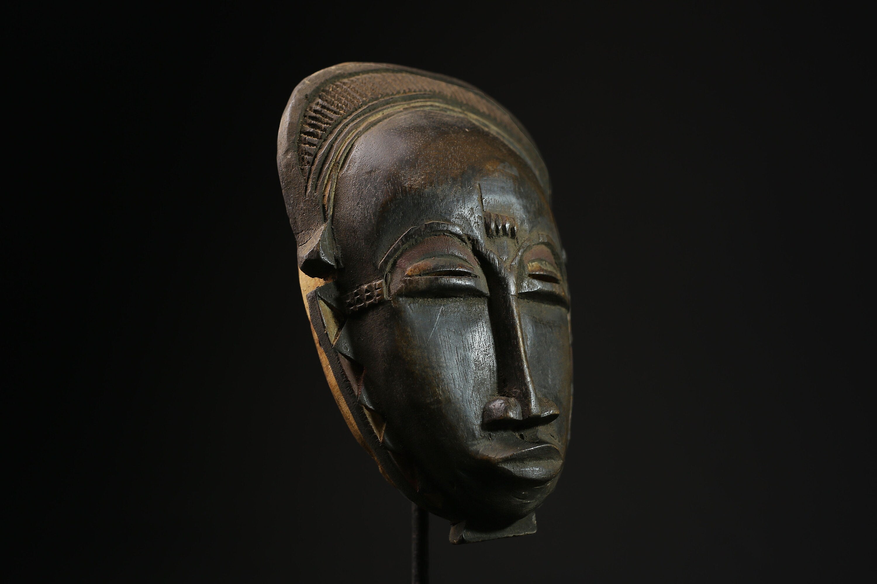 African Vintage Hand-Carved Wooden Tribal Face Mask from Baule, West Africa - Unique Wall Hanging Art Décor for Home Collection-7211