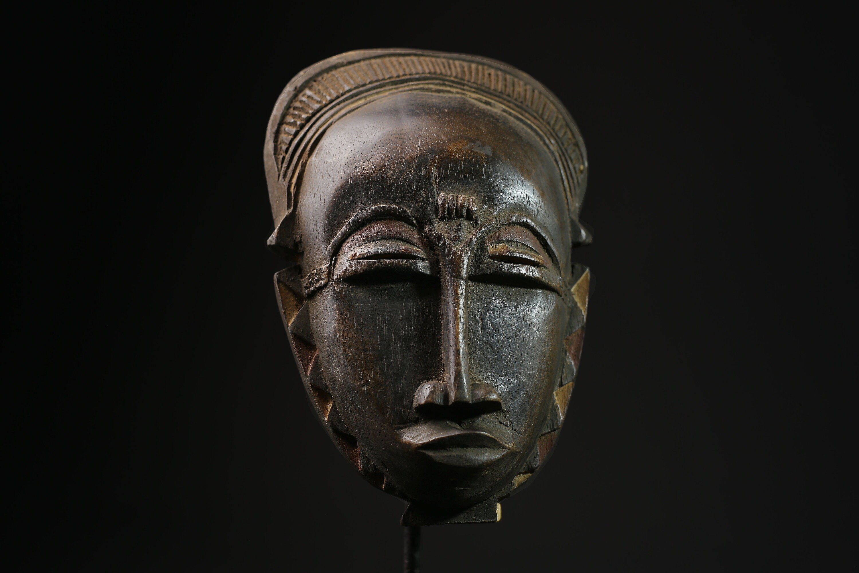 African Vintage Hand-Carved Wooden Tribal Face Mask from Baule, West Africa - Unique Wall Hanging Art Décor for Home Collection-7211