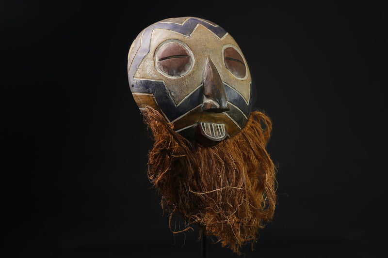 African Tribal Wood masks songye kifwebe carved wooden mask with raffia -G2135