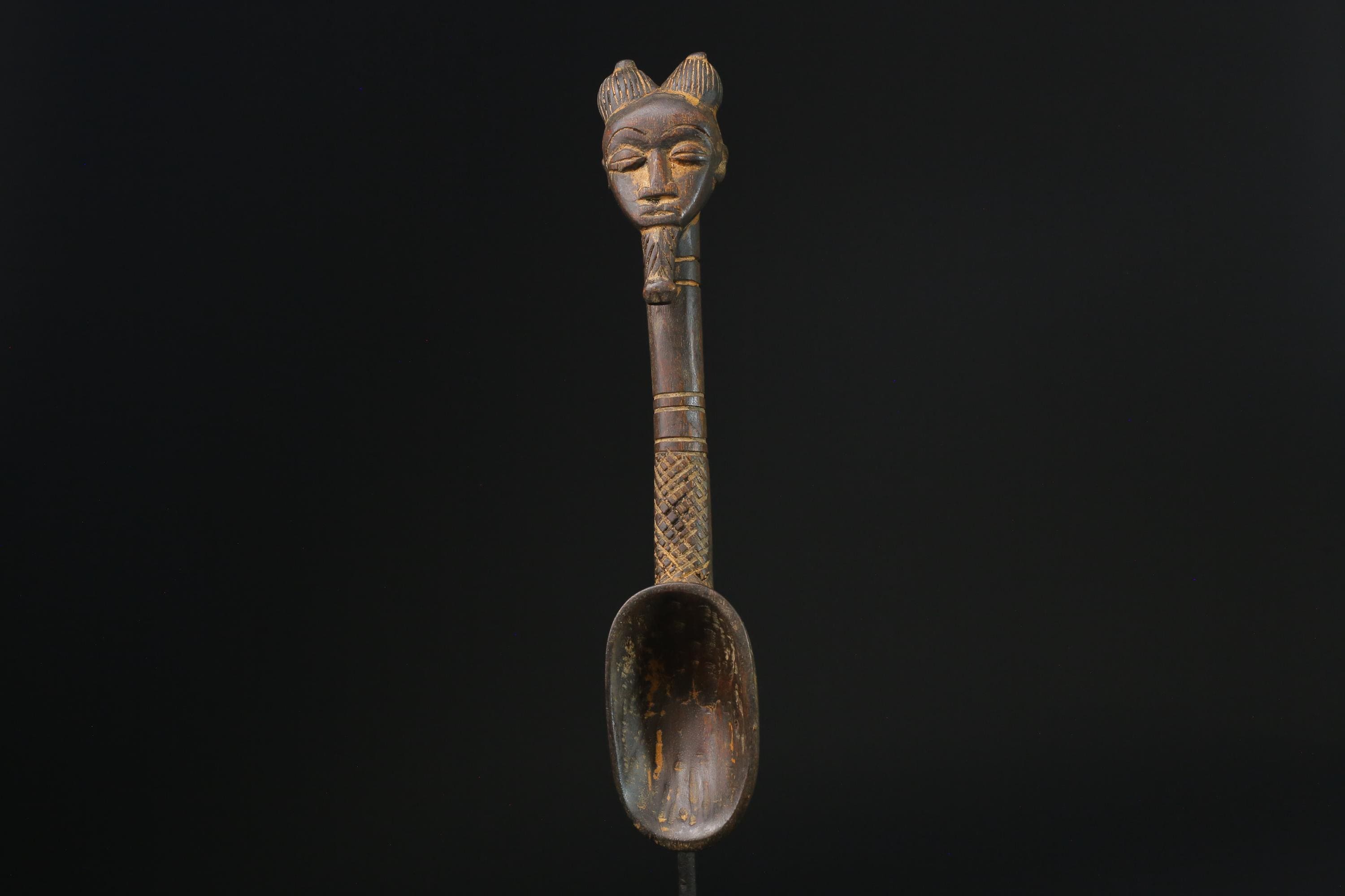 African Tribal Luba Songye Ritual Spoon Central hand carved Home statue-G2338