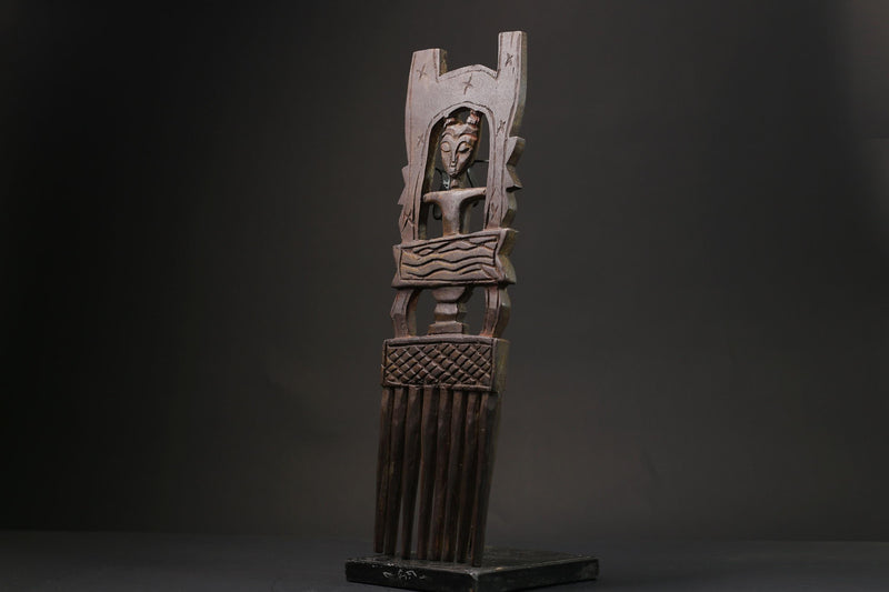 African mask antiques tribal Face Family Wooden Comb Hand carved Home Décor statue -G2399
