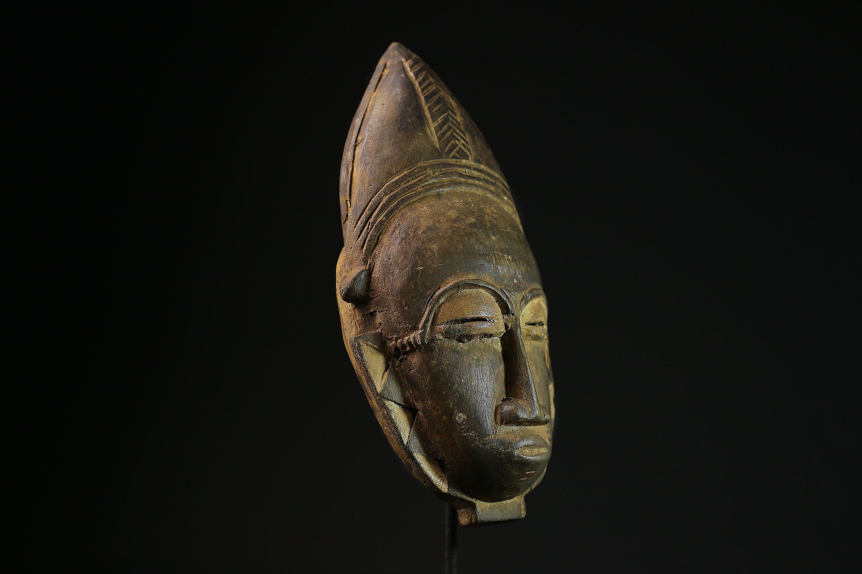 African Mask Antique Baule Wall Hanging - Hand-Carved Wooden Decor, Unique Tribal Art Sculptures for Home Accents and Collectors -7862