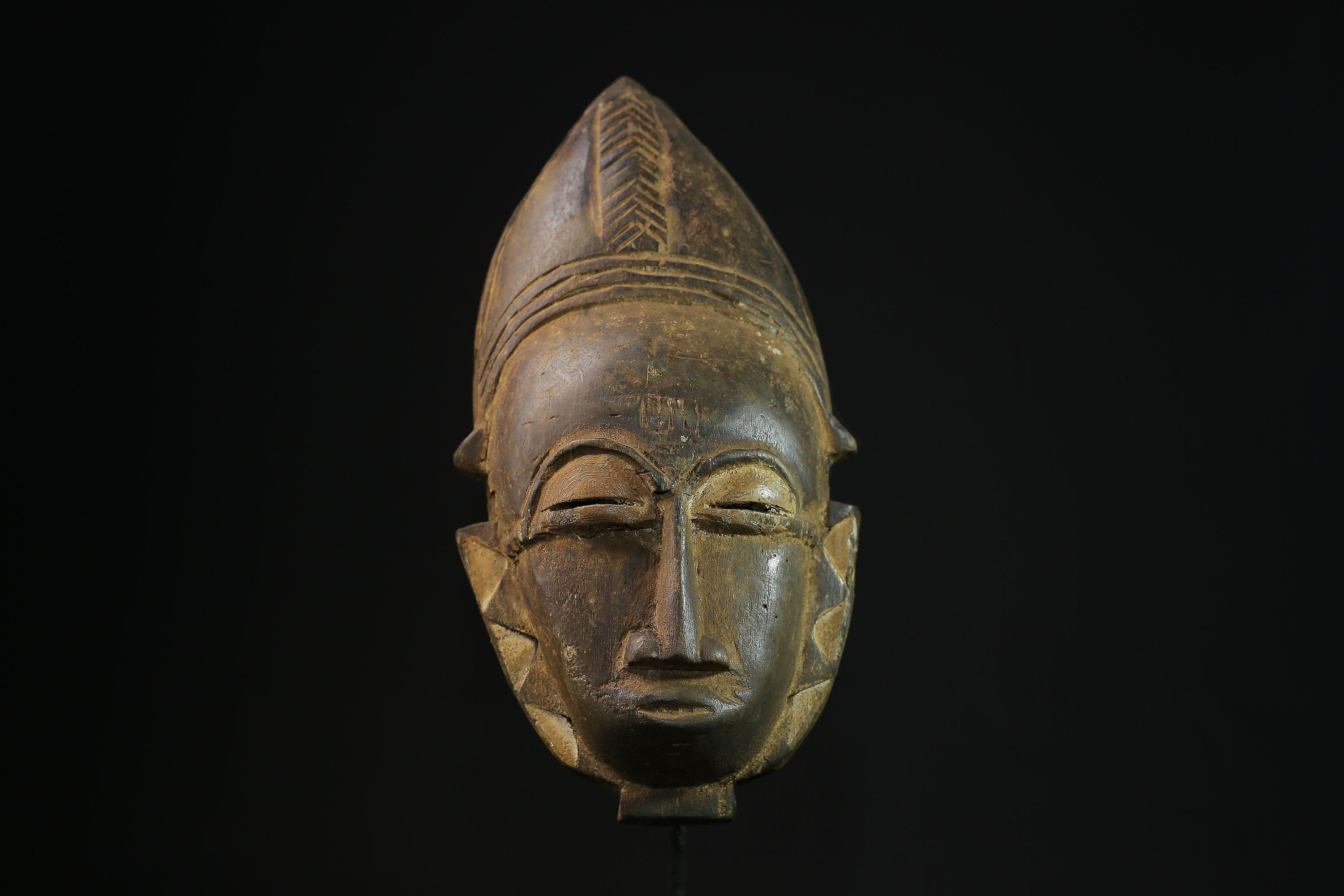 African Mask Antique Baule Wall Hanging - Hand-Carved Wooden Decor, Unique Tribal Art Sculptures for Home Accents and Collectors -7862