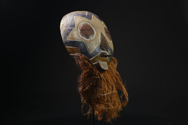 African Tribal Wood masks songye kifwebe carved wooden mask with raffia -G2135