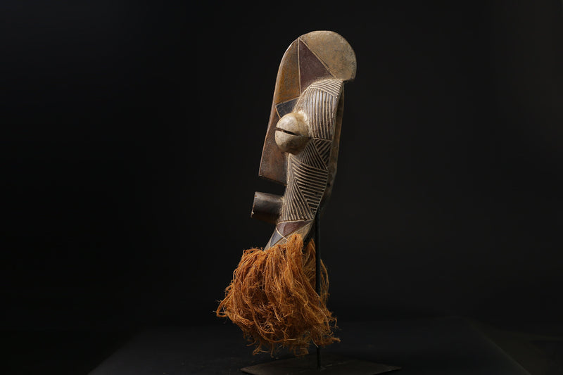 African Tribal Wood masks songye kifwebe carved wooden mask with raffia -G2143