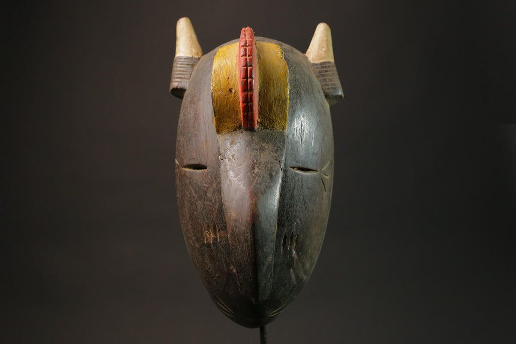 African tribal bird beak mask carved wood with horns red yellow painted eyes cultural wall art sculpture home decor West Africa- 2934
