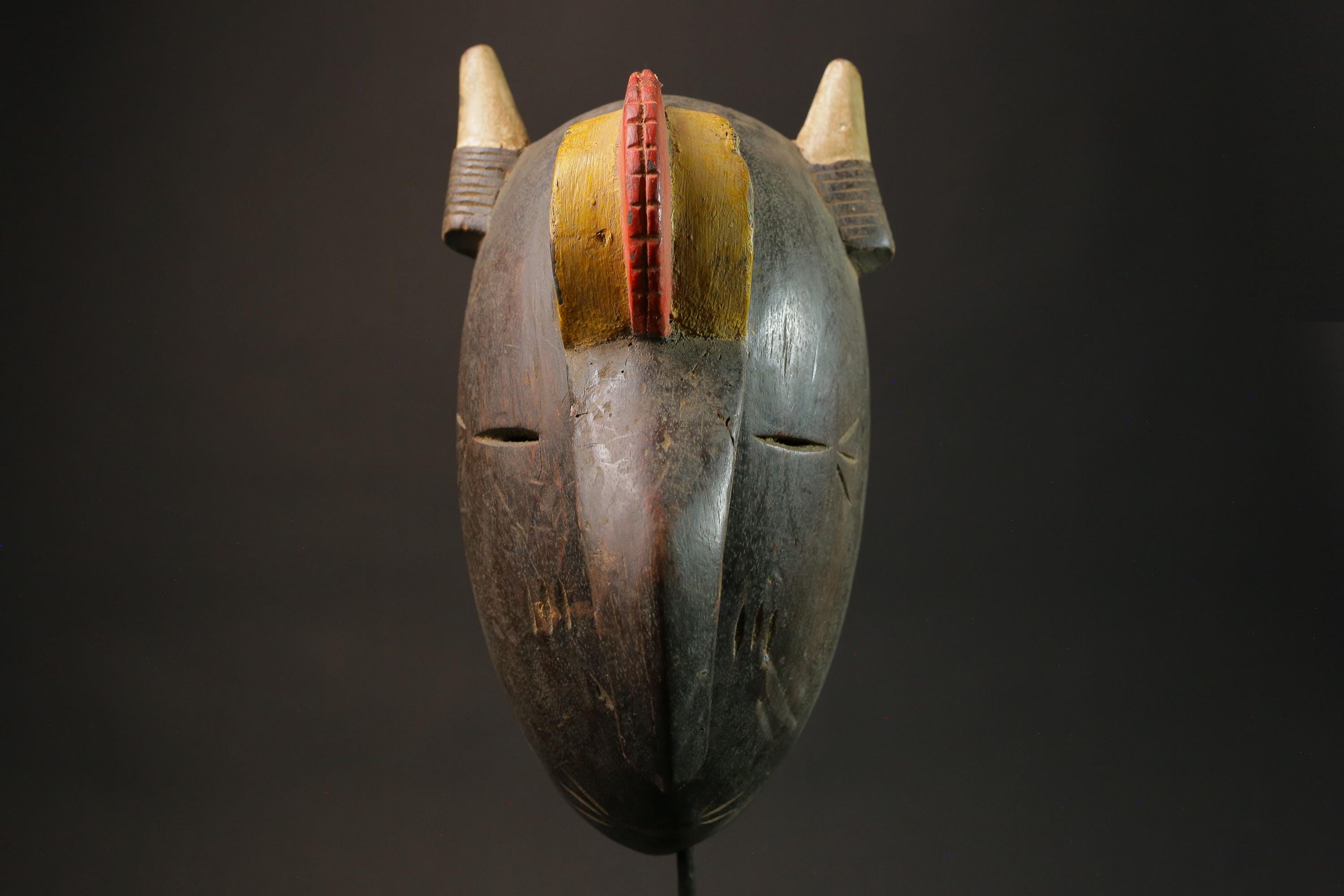 African tribal bird beak mask carved wood with horns red yellow painted eyes cultural wall art sculpture home decor West Africa- 2934