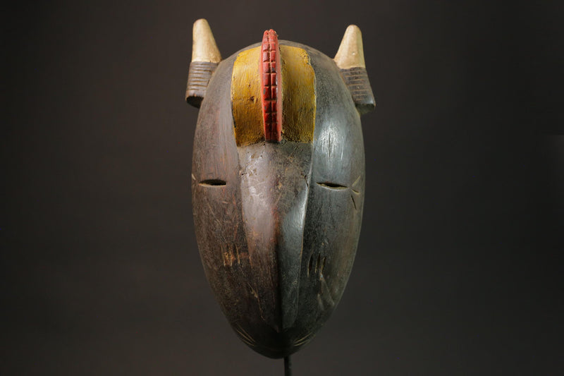 African tribal bird beak mask carved wood with horns red yellow painted eyes cultural wall art sculpture home decor West Africa- 2934