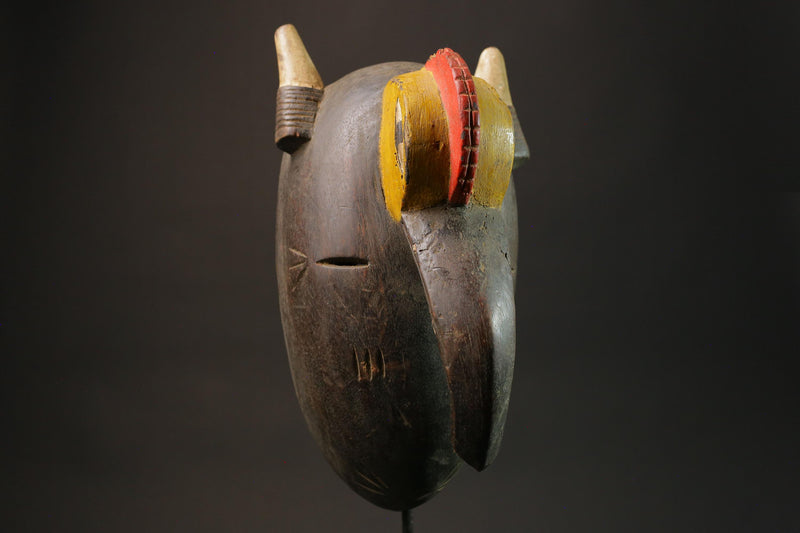 African tribal bird beak mask carved wood with horns red yellow painted eyes cultural wall art sculpture home decor West Africa- 2934