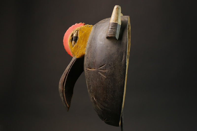 African tribal bird beak mask carved wood with horns red yellow painted eyes cultural wall art sculpture home decor West Africa- 2934