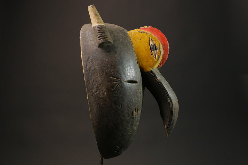 African tribal bird beak mask carved wood with horns red yellow painted eyes cultural wall art sculpture home decor West Africa- 2934