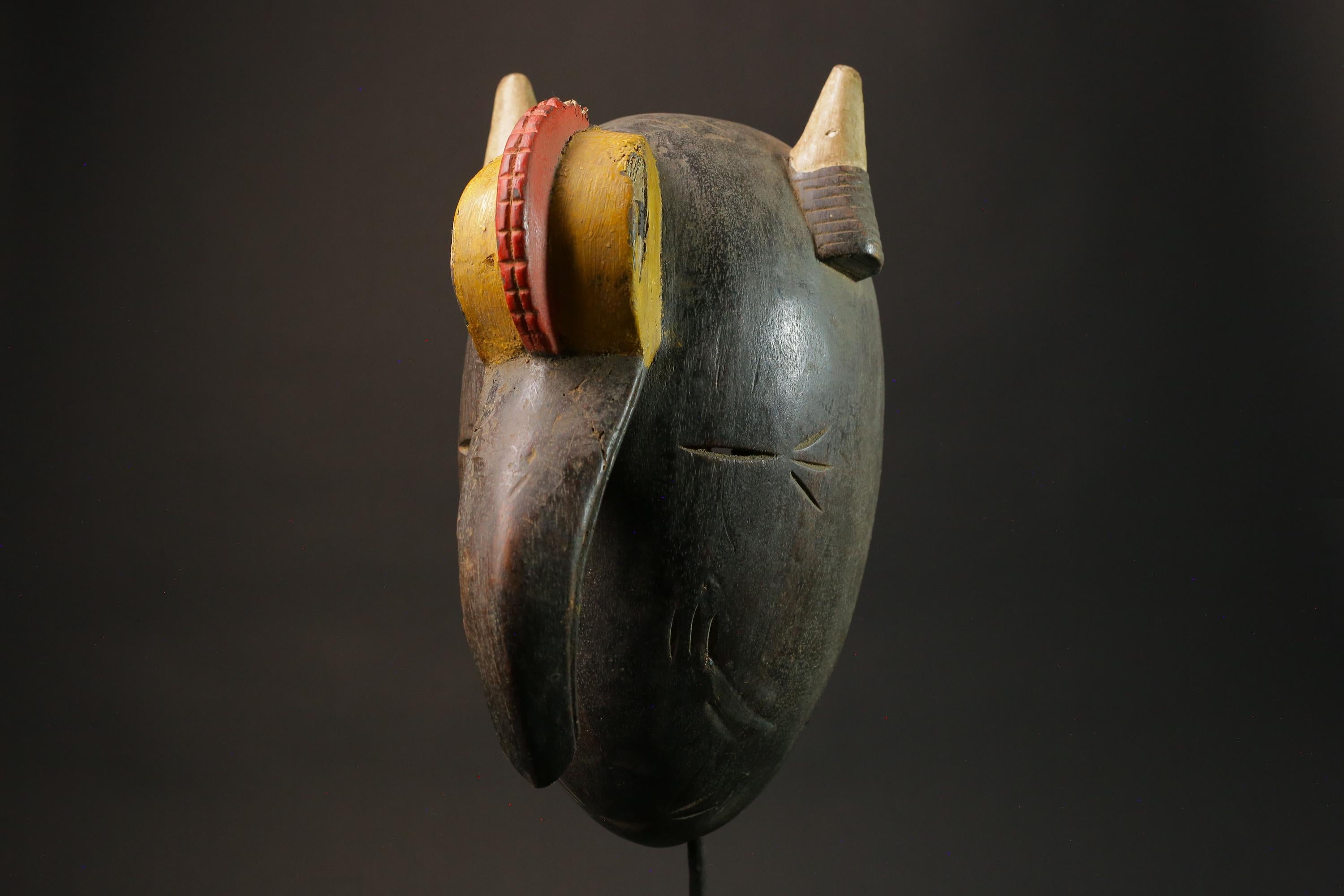 African tribal bird beak mask carved wood with horns red yellow painted eyes cultural wall art sculpture home decor West Africa- 2934
