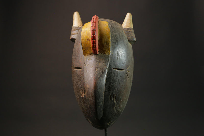 African tribal bird beak mask carved wood with horns red yellow painted eyes cultural wall art sculpture home decor West Africa- 2934