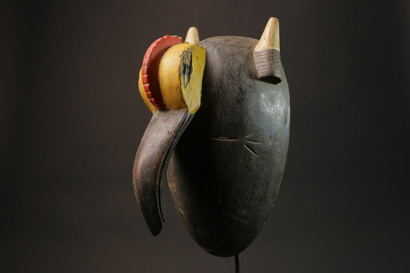 African tribal bird beak mask carved wood with horns red yellow painted eyes cultural wall art sculpture home decor West Africa- 2934