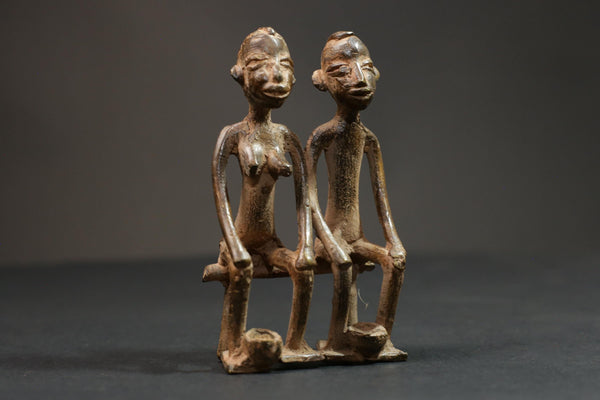 African Brass Carved Statue wax technique Tribal Brass husband and wife-G2829