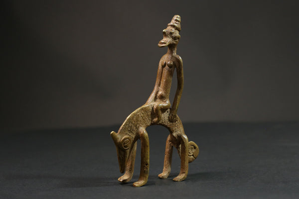 African Brass Carved Statue wax technique Tribal Brass Dogon Horserider-G2833