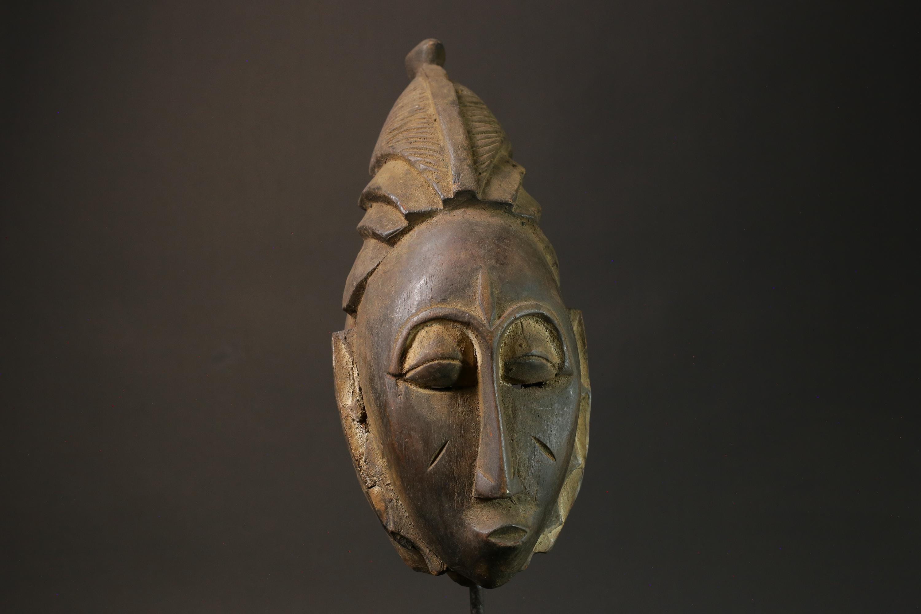 African Mask Baule Antiques Tribal Art Face Vintage Wood Carved Vintage -7590