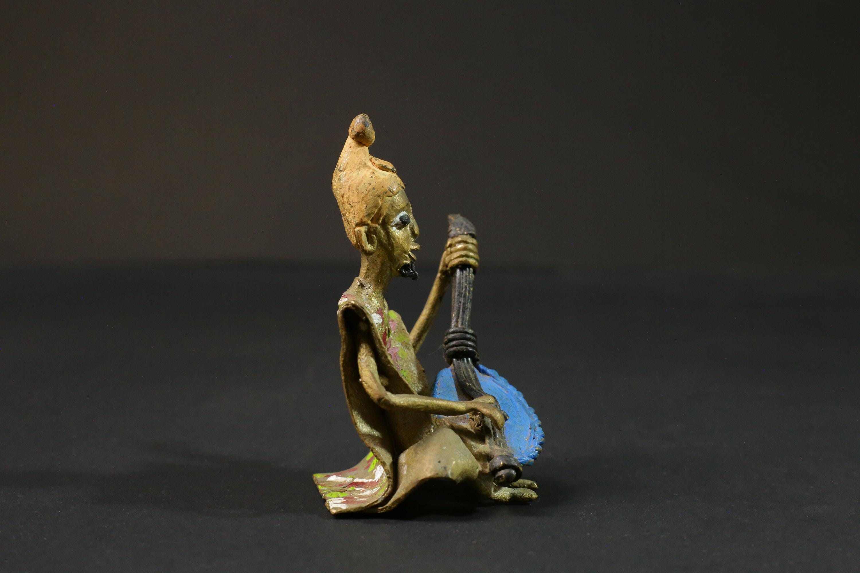 African brass statue Musician Kora Player benin bronze tribal Gold colored-G2891