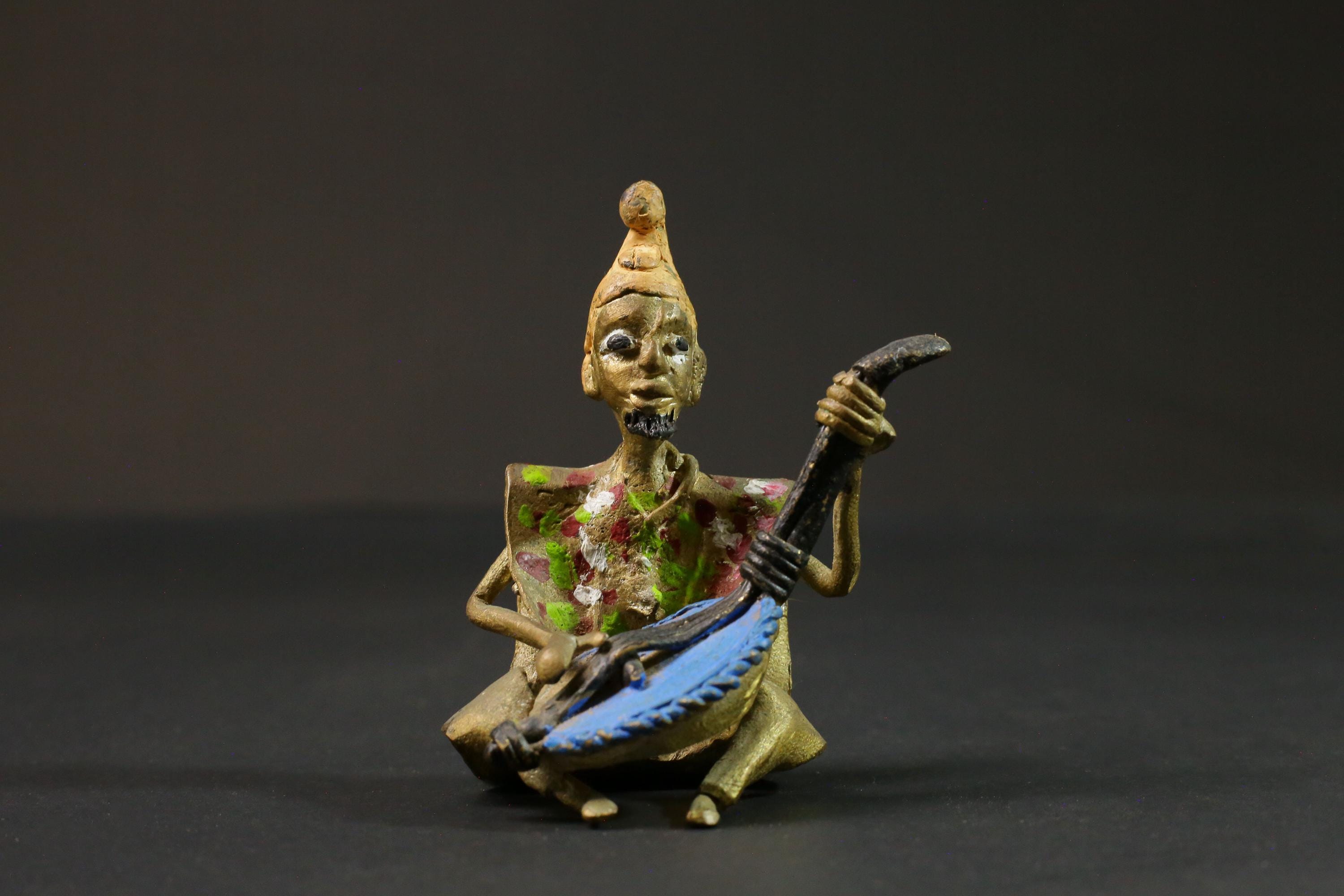 African brass statue Musician Kora Player benin bronze tribal Gold colored-G2891