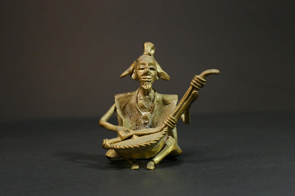 African brass statue Musician Kora Player benin bronze tribal Gold colored-G2899