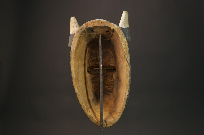 African tribal bird beak mask carved wood with horns red yellow painted eyes cultural wall art sculpture home decor West Africa- 2934