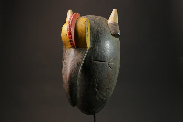African tribal bird beak mask carved wood with horns red yellow painted eyes cultural wall art sculpture home decor West Africa- 2934