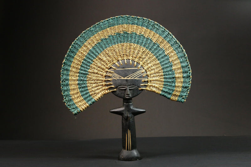 African Statue Colorful Handmade Rattan Fan Tribal Art Wooden Carved Statue-7653