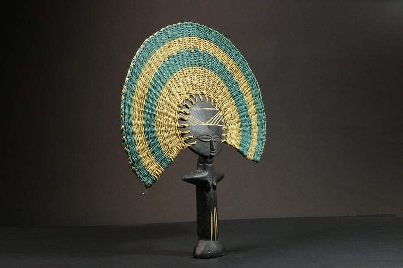 African Statue Colorful Handmade Rattan Fan Tribal Art Wooden Carved Statue-7653