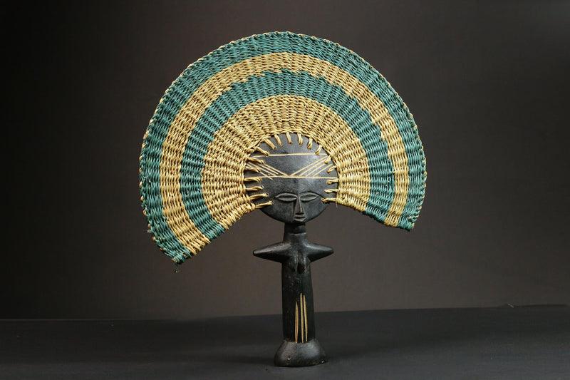 African Statue Colorful Handmade Rattan Fan Tribal Art Wooden Carved Statue-7653