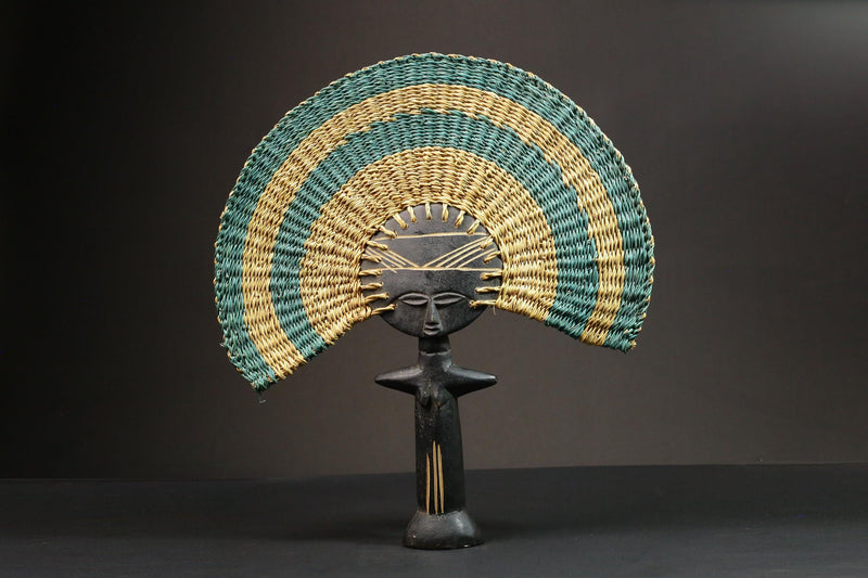 African Statue Colorful Handmade Rattan Fan Tribal Art Wooden Carved Statue-7653