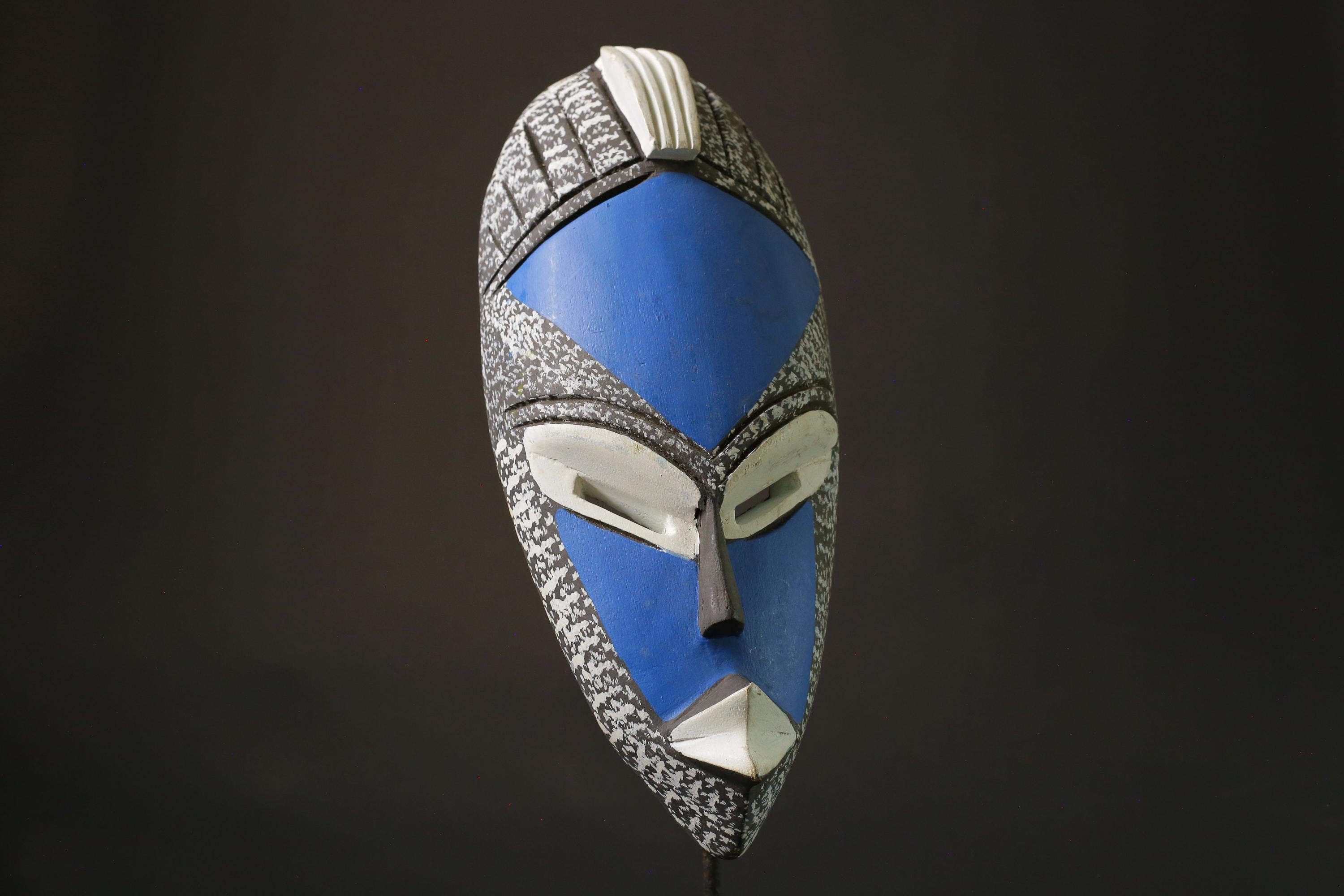 African mask wood African real figure vintage African masks for wall deep blue color GHANA-7464