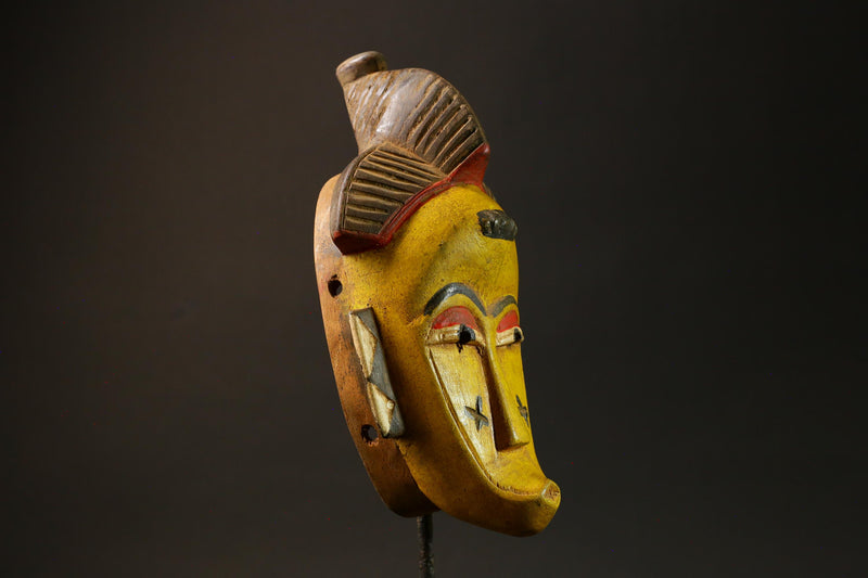 African Mask Yellow Wooden Baule Tribe Wall Hanging Art, Unique Décor Masks for wall-G3024