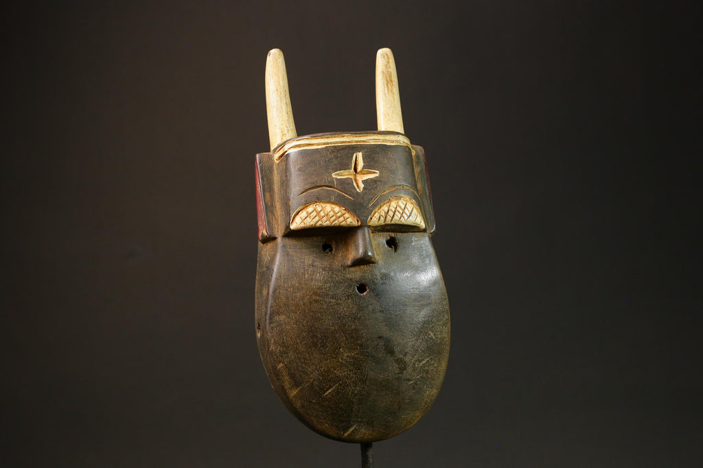 African Mask with Horns Handcrafted Brown Wood TOMA GURO Tribe Masks for wall-G3038