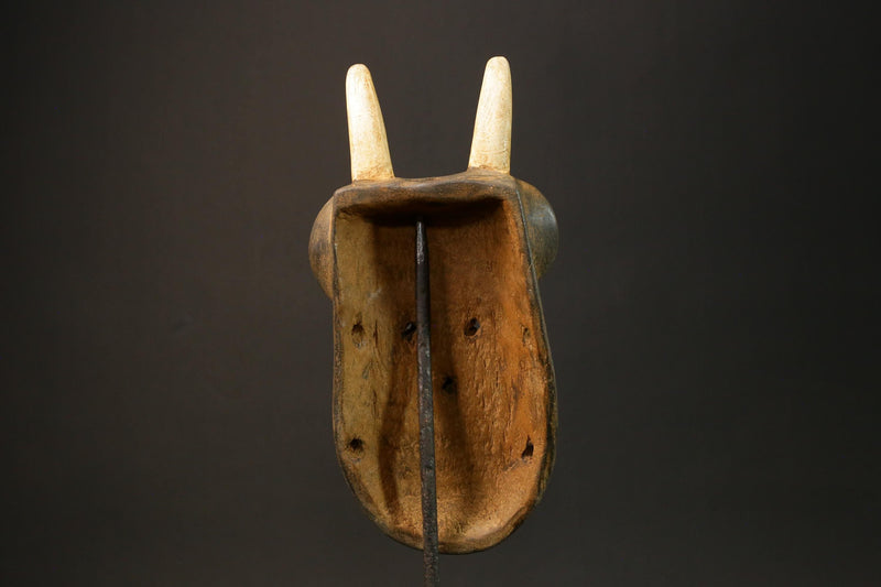 African TOMA Baule Mask Hand-Carved Wood Brown Wall Hanging with Horns-G3062