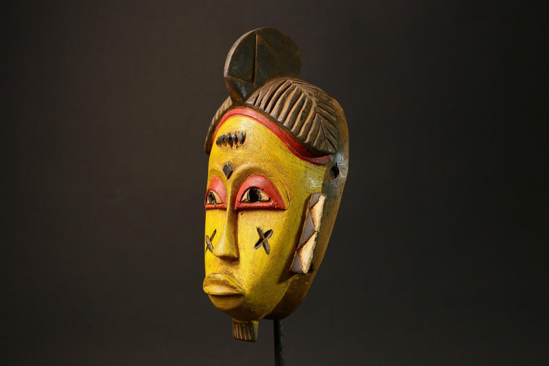 African Baule Mask Hand-Carved Yellow Wood Portrait Brown Hair Wall Decor-G3063