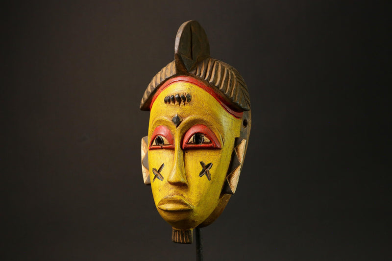 African Baule Mask Hand-Carved Yellow Wood Portrait Brown Hair Wall Decor-G3063